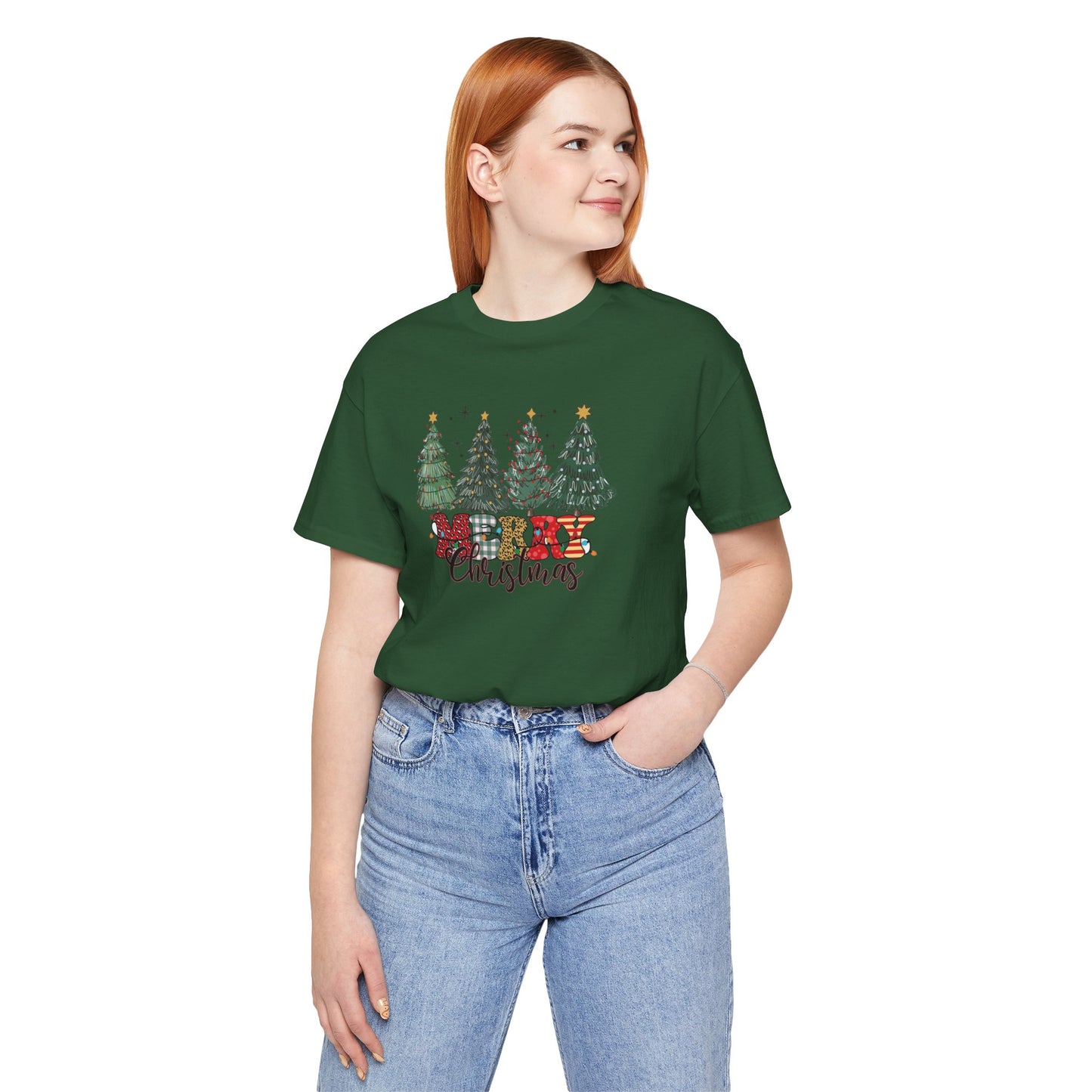 Merry Christmas Unisex Tee, Holiday T-Shirt, Christmas Gift, Festive Apparel, Tree Print Shirt, Seasonal Wear
