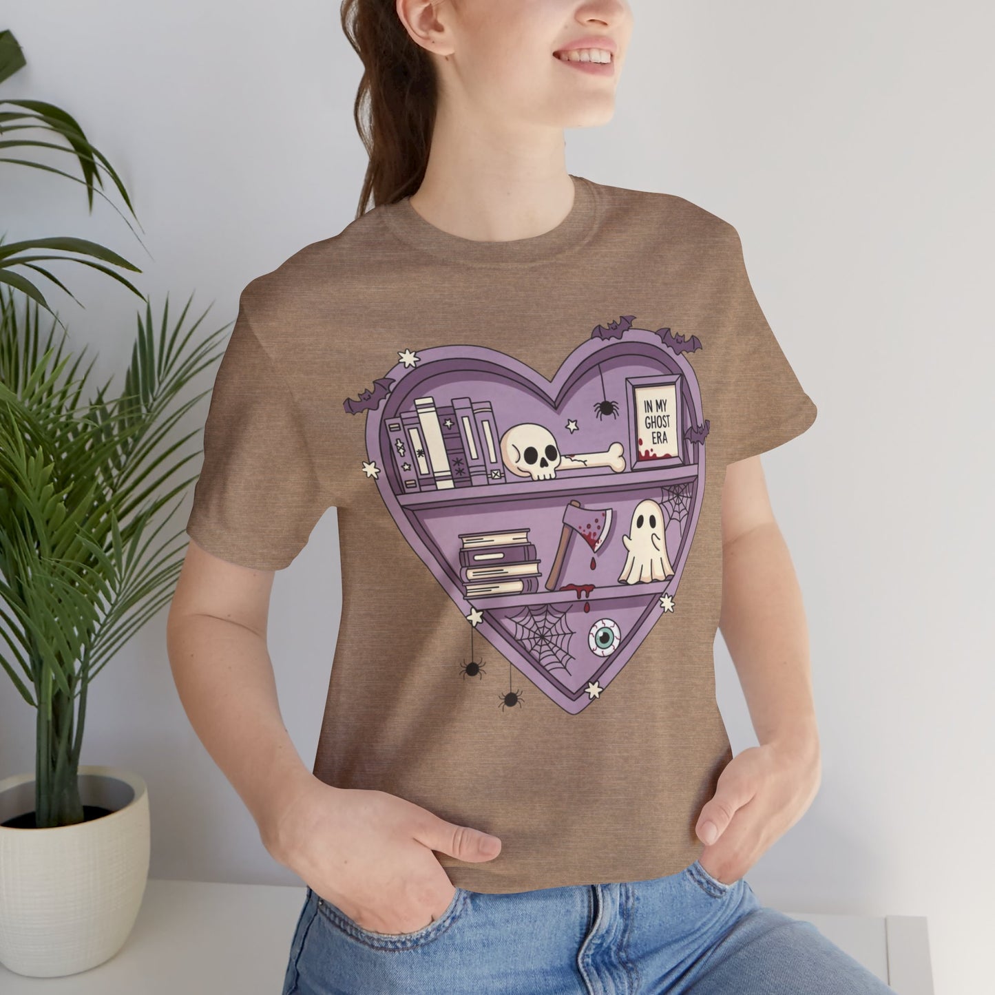 Heart-Shaped Ghostly Shelf Tee, Unisex Tee, Halloween Shirt, Fun Graphic Tee, Quirky Gift, Book Lover Apparel