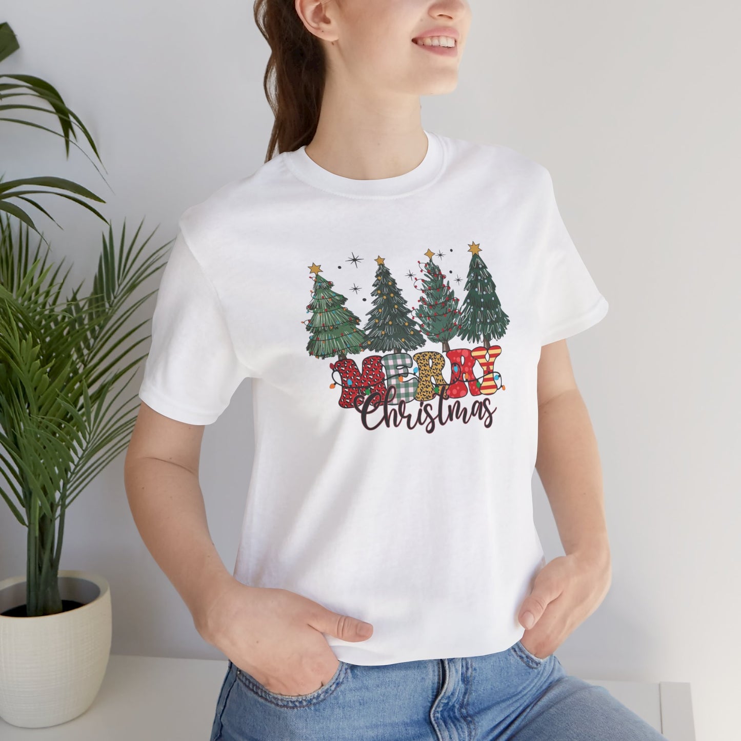 Merry Christmas Unisex Tee, Holiday T-Shirt, Christmas Gift, Festive Apparel, Tree Print Shirt, Seasonal Wear