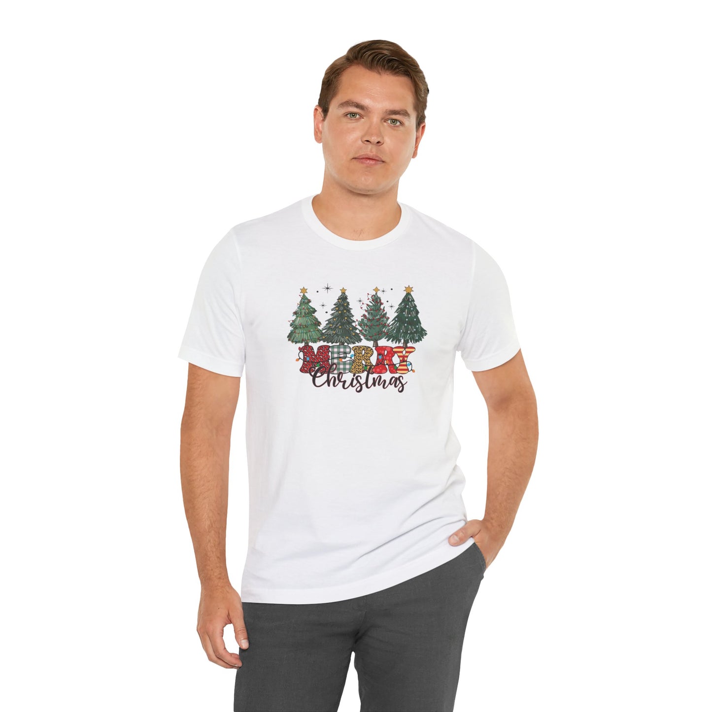 Merry Christmas Unisex Tee, Holiday T-Shirt, Christmas Gift, Festive Apparel, Tree Print Shirt, Seasonal Wear