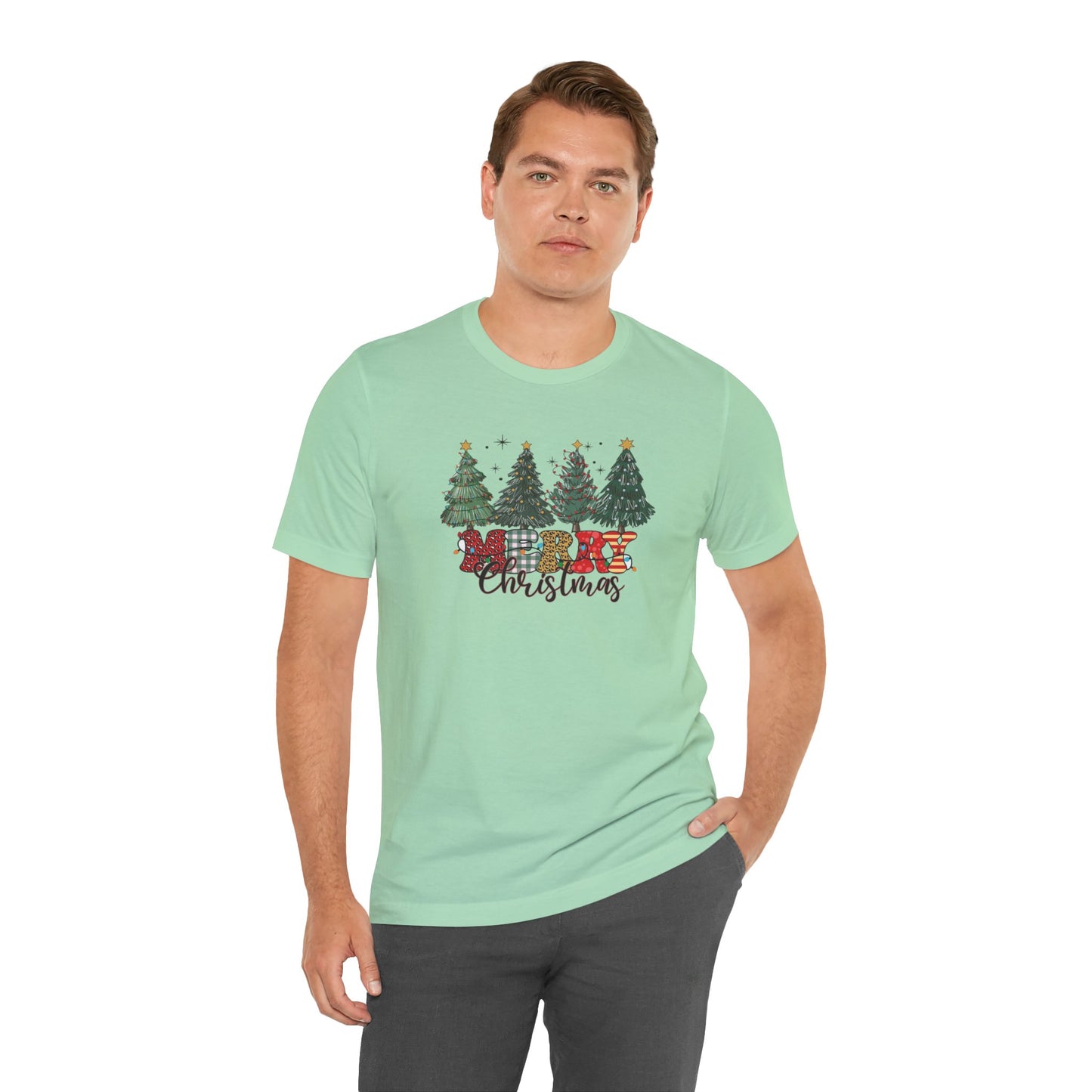 Merry Christmas Unisex Tee, Holiday T-Shirt, Christmas Gift, Festive Apparel, Tree Print Shirt, Seasonal Wear