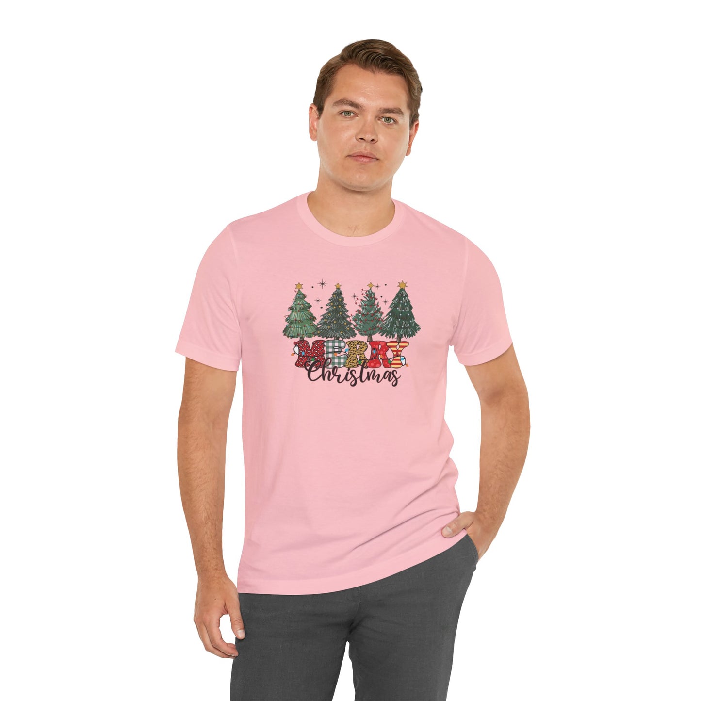 Merry Christmas Unisex Tee, Holiday T-Shirt, Christmas Gift, Festive Apparel, Tree Print Shirt, Seasonal Wear
