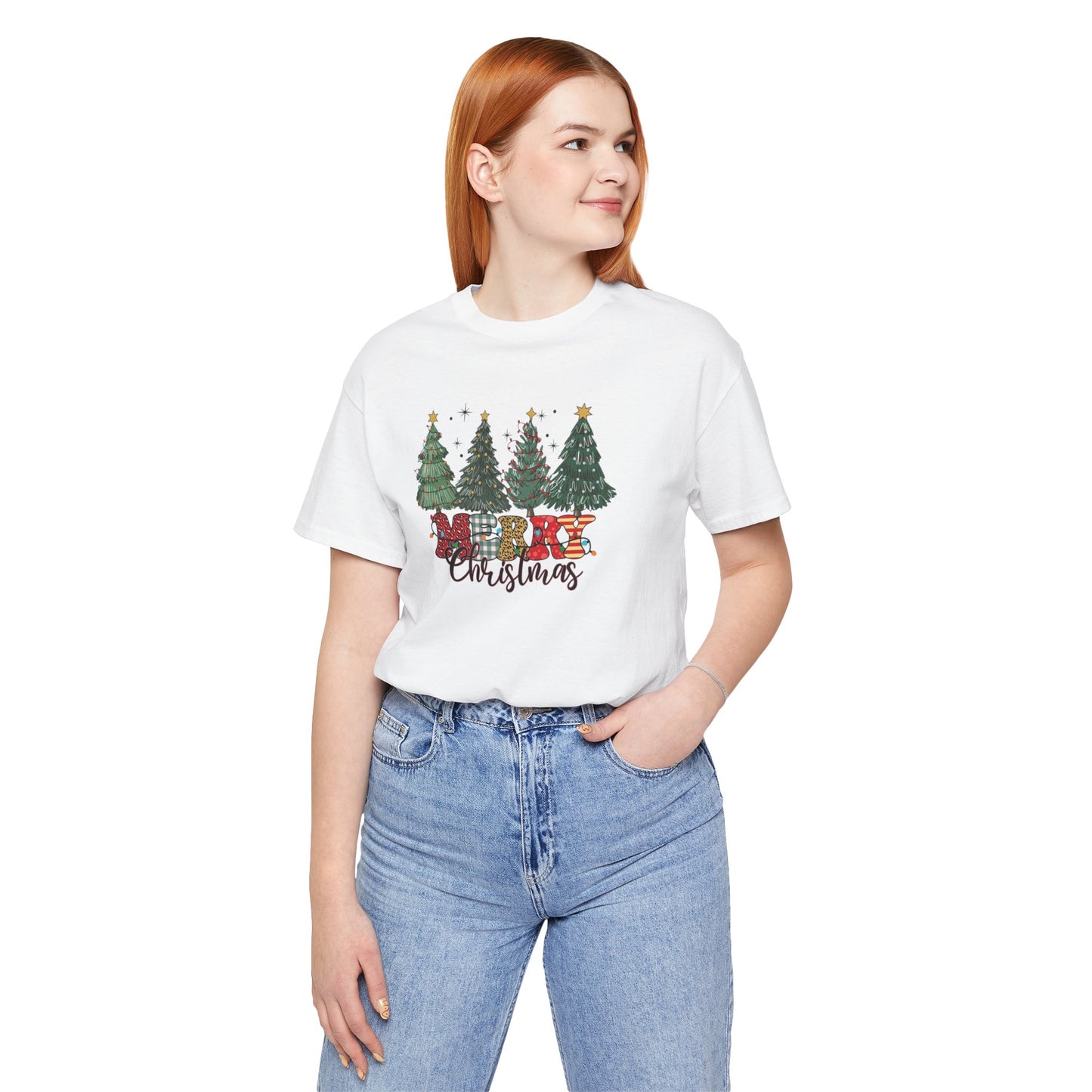 Merry Christmas Unisex Tee, Holiday T-Shirt, Christmas Gift, Festive Apparel, Tree Print Shirt, Seasonal Wear