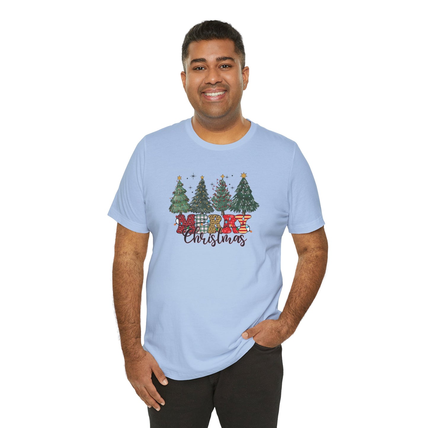 Merry Christmas Unisex Tee, Holiday T-Shirt, Christmas Gift, Festive Apparel, Tree Print Shirt, Seasonal Wear