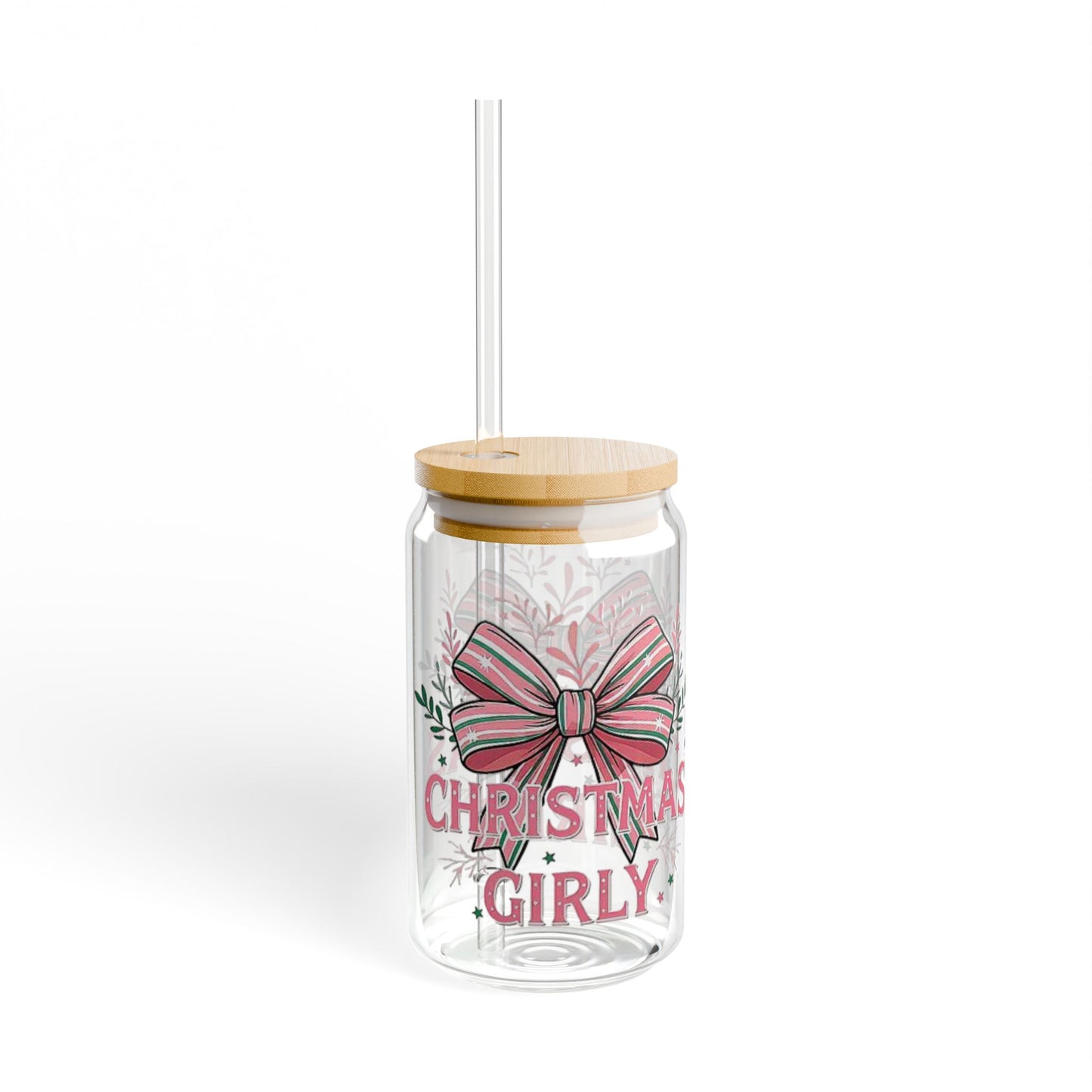 Christmas-Themed Sipper Glass, 16oz | Holiday Drinkware, Gift for Her, Eco-Friendly, Fun Kitchen Decor, Seasonal Party Accessory