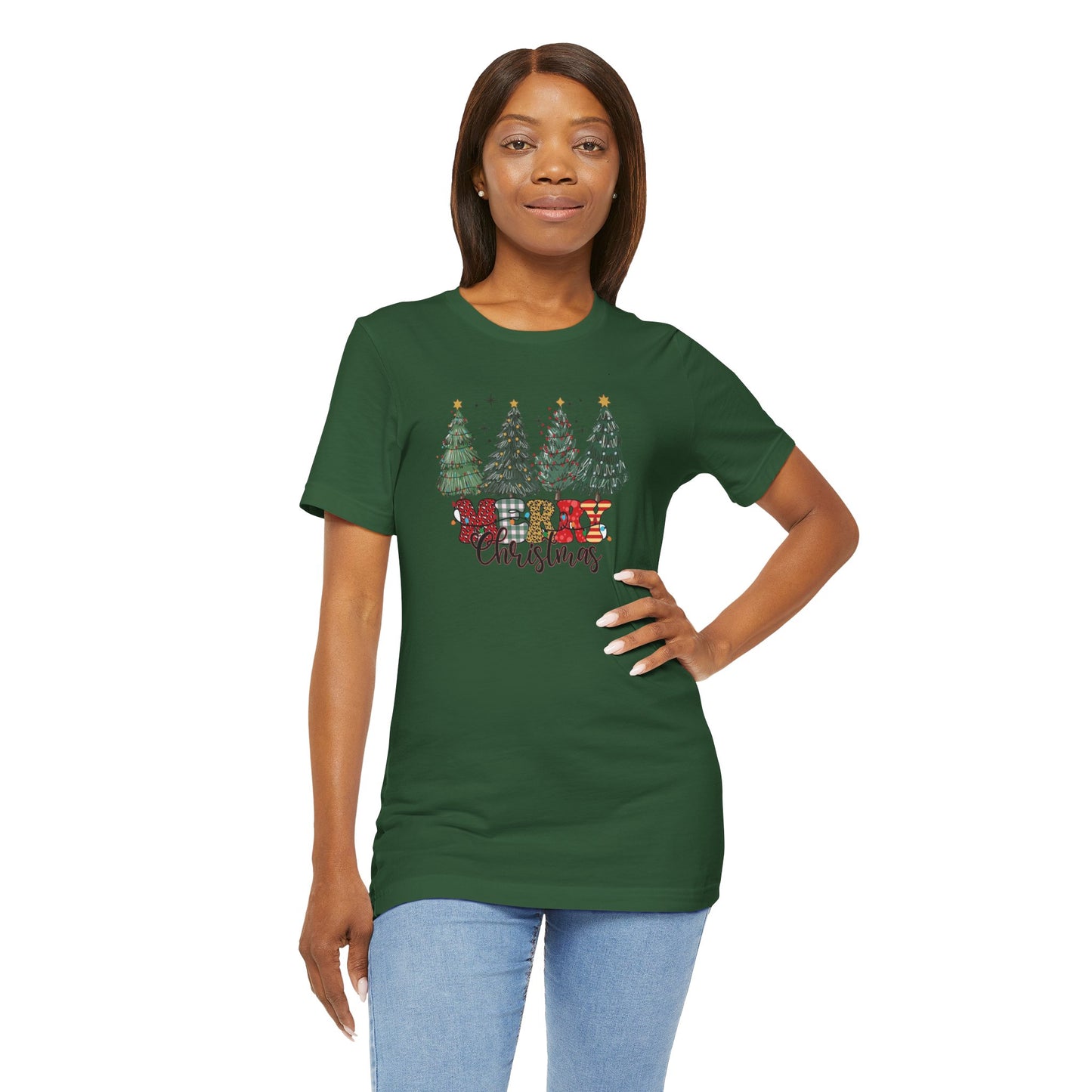 Merry Christmas Unisex Tee, Holiday T-Shirt, Christmas Gift, Festive Apparel, Tree Print Shirt, Seasonal Wear