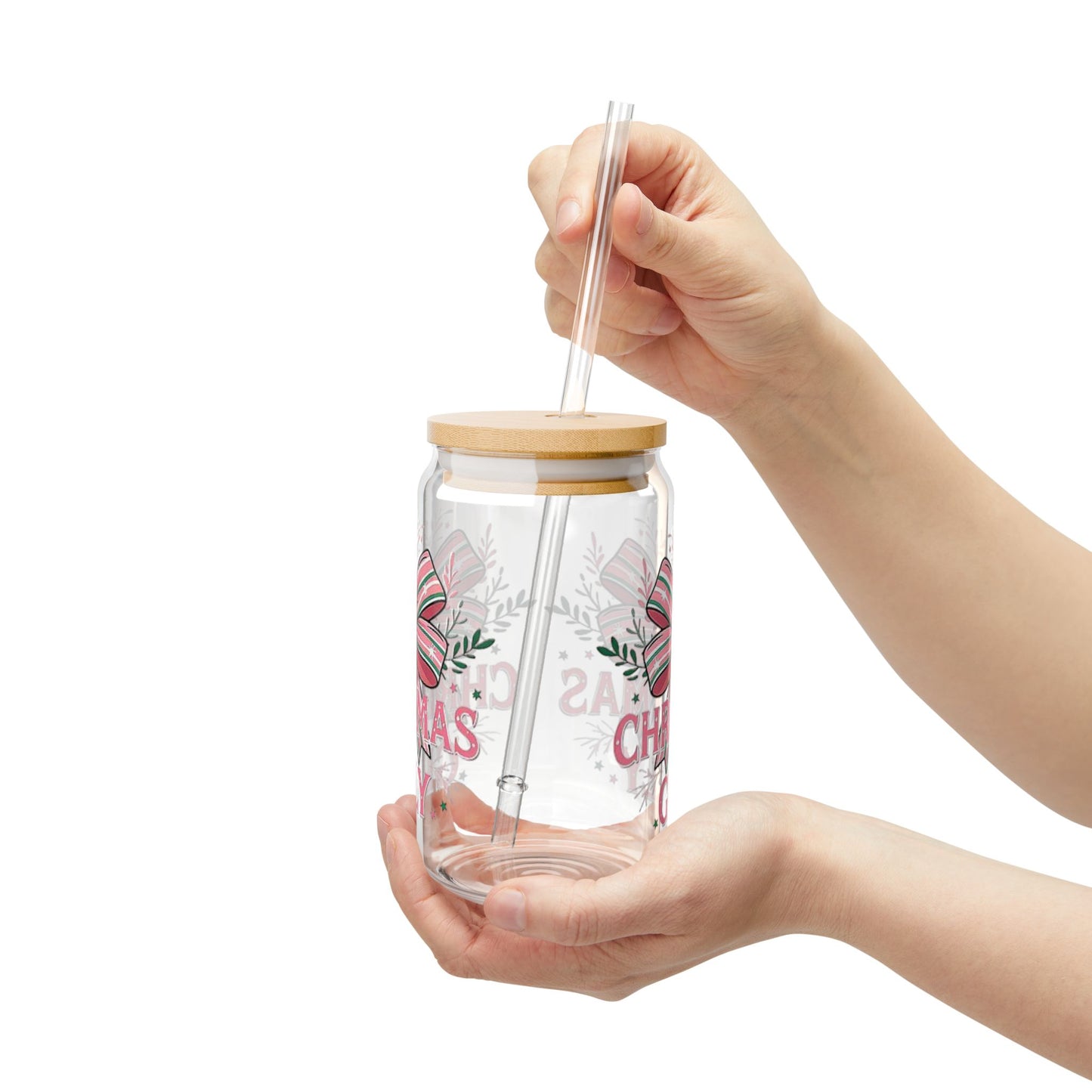 Christmas-Themed Sipper Glass, 16oz | Holiday Drinkware, Gift for Her, Eco-Friendly, Fun Kitchen Decor, Seasonal Party Accessory