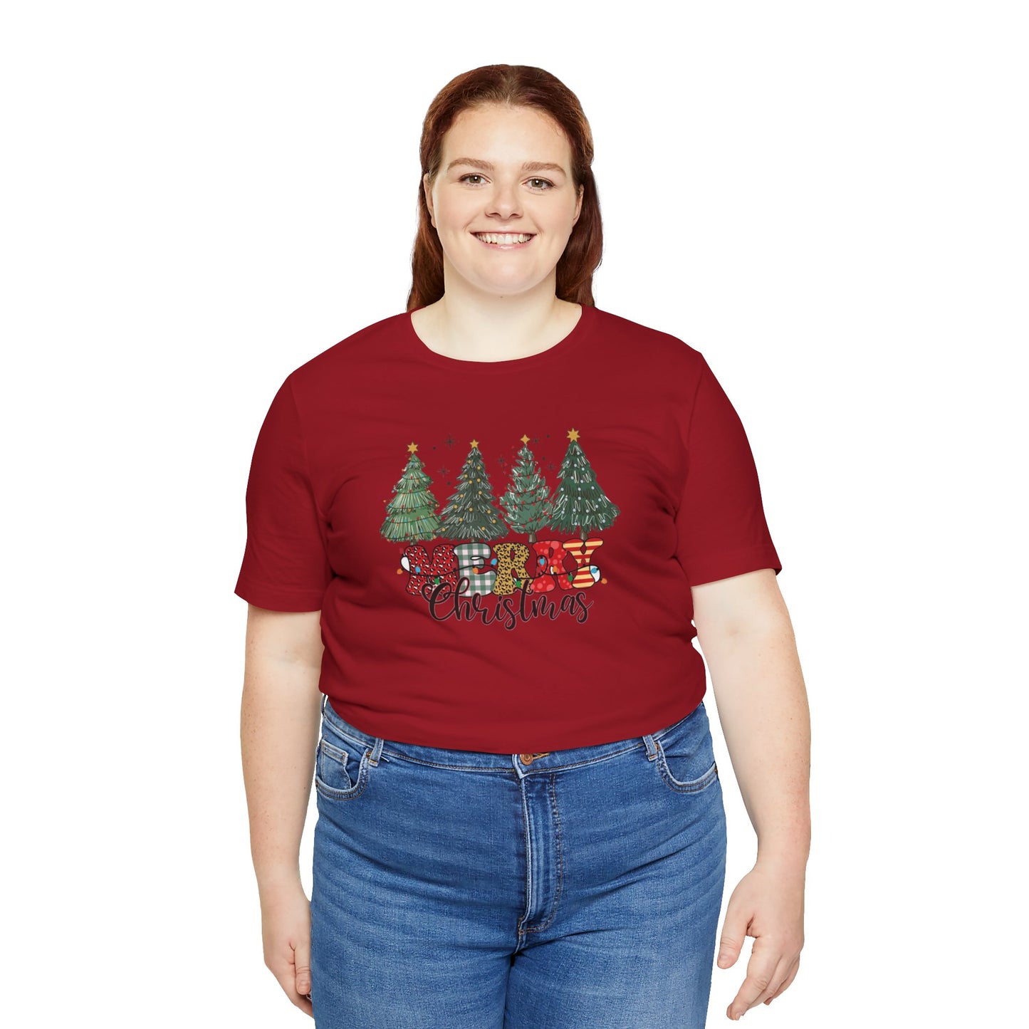 Merry Christmas Unisex Tee, Holiday T-Shirt, Christmas Gift, Festive Apparel, Tree Print Shirt, Seasonal Wear