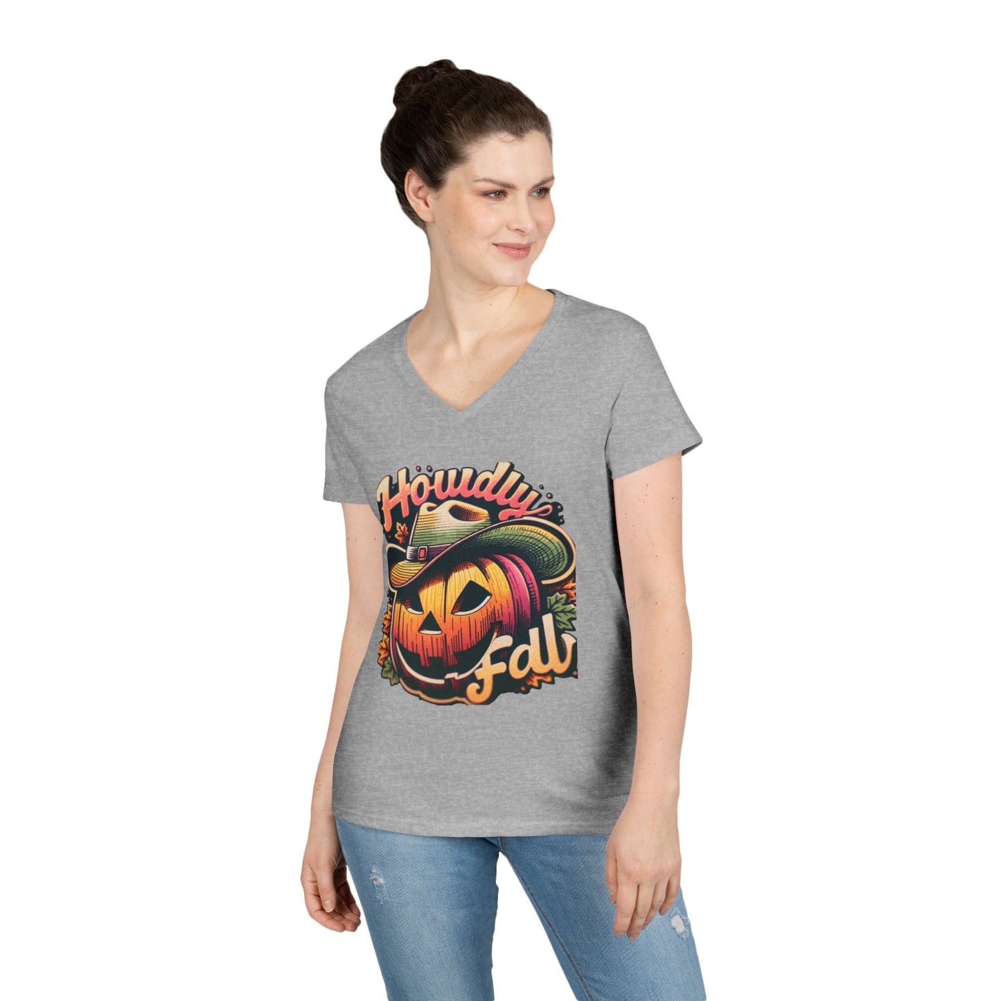 Autumn Pumpkin V-Neck T-Shirt - Fall Decor, Halloween Style, Seasonal Apparel, Gift for Her, Cozy Wardrobe Essential