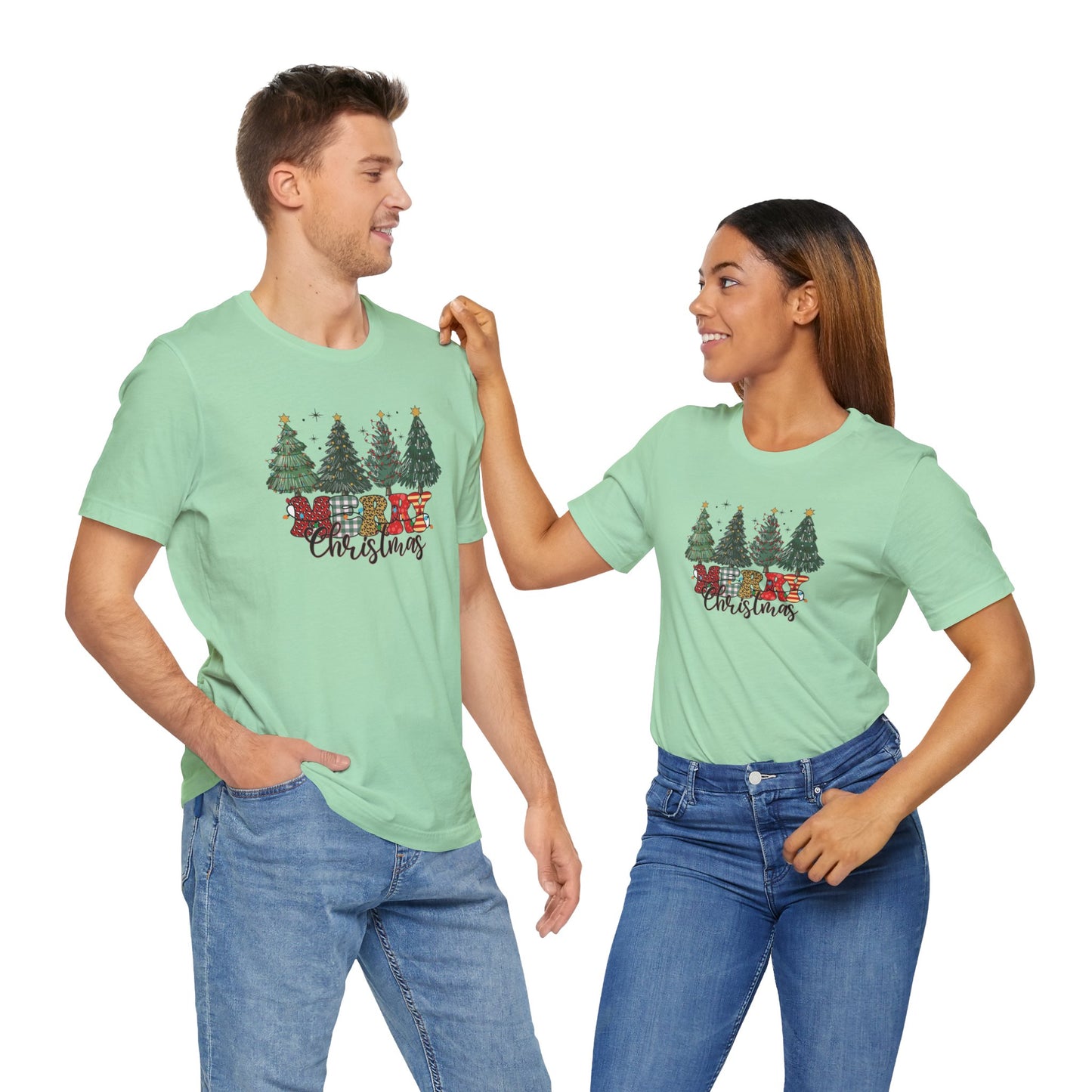 Merry Christmas Unisex Tee, Holiday T-Shirt, Christmas Gift, Festive Apparel, Tree Print Shirt, Seasonal Wear