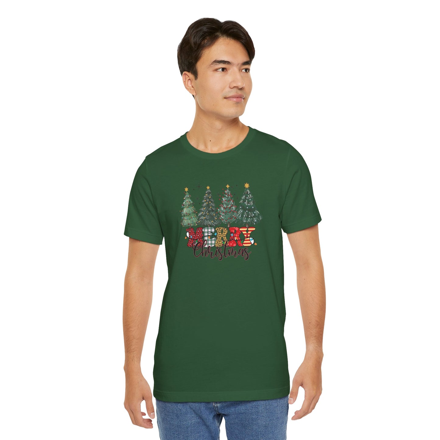 Merry Christmas Unisex Tee, Holiday T-Shirt, Christmas Gift, Festive Apparel, Tree Print Shirt, Seasonal Wear