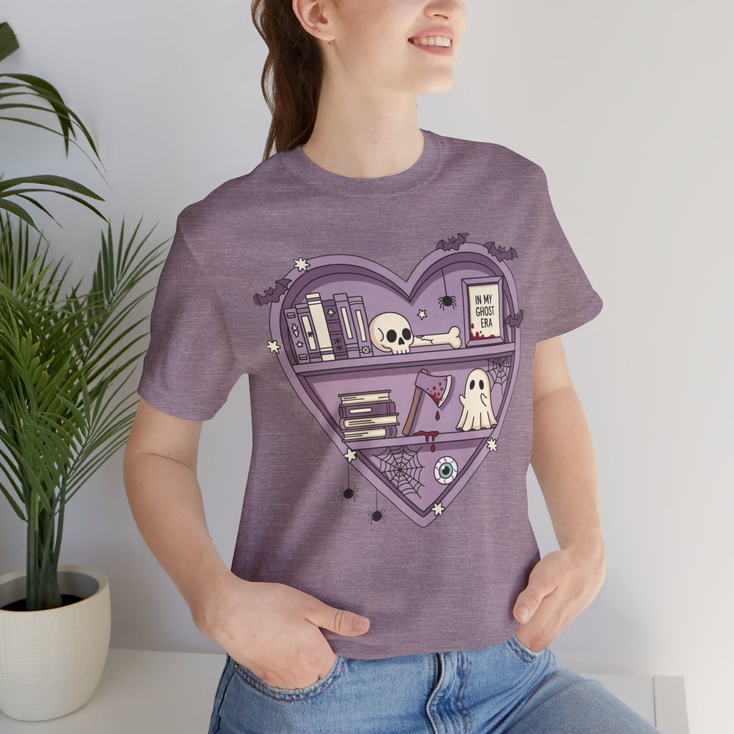 Heart-Shaped Ghostly Shelf Tee, Unisex Tee, Halloween Shirt, Fun Graphic Tee, Quirky Gift, Book Lover Apparel