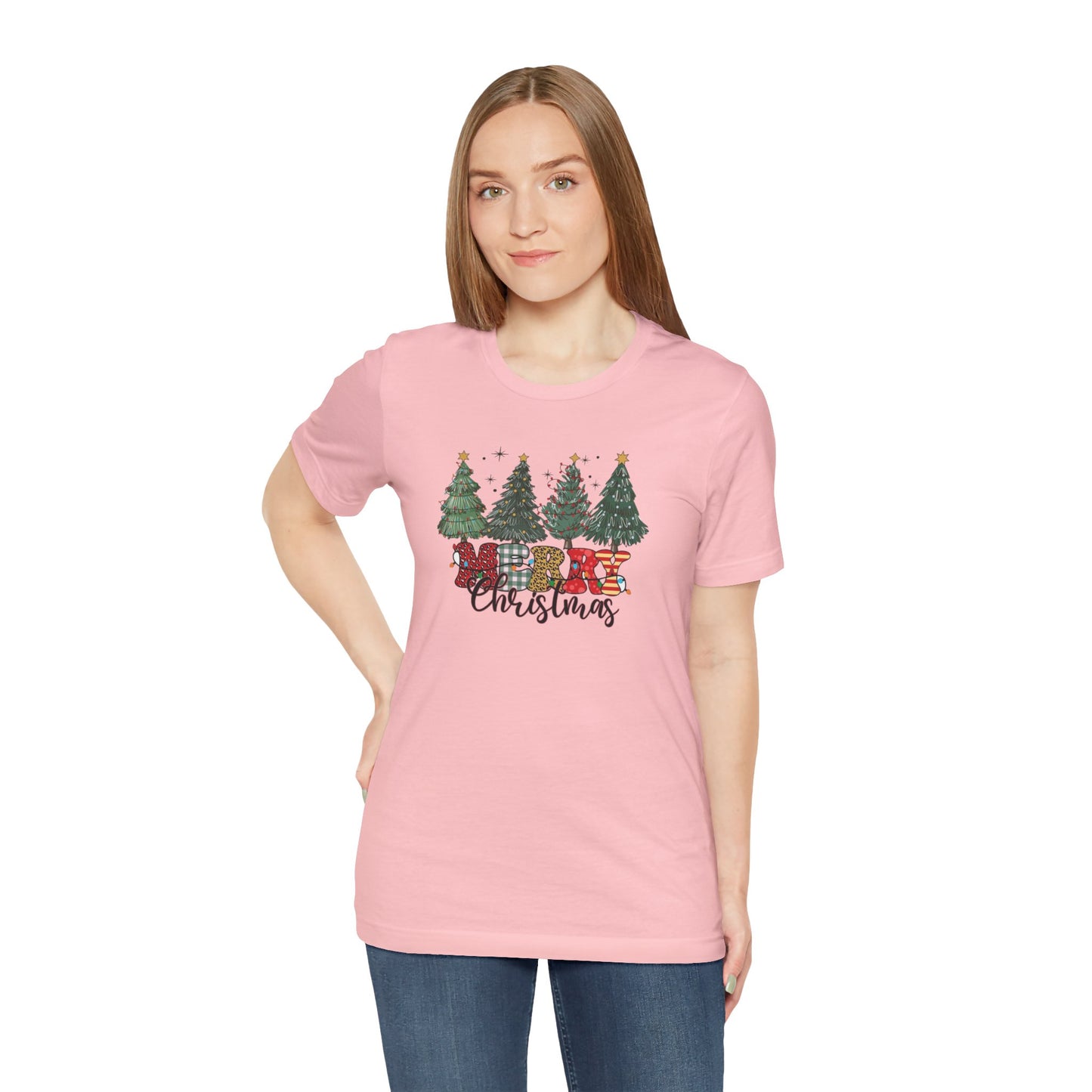 Merry Christmas Unisex Tee, Holiday T-Shirt, Christmas Gift, Festive Apparel, Tree Print Shirt, Seasonal Wear