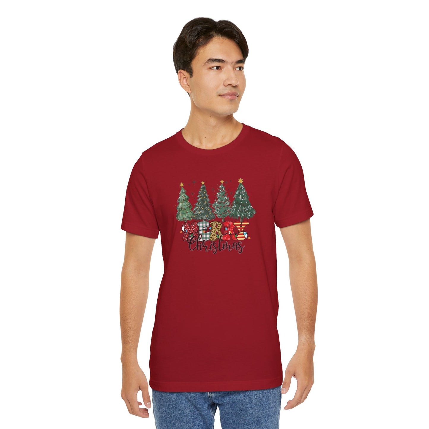 Merry Christmas Unisex Tee, Holiday T-Shirt, Christmas Gift, Festive Apparel, Tree Print Shirt, Seasonal Wear