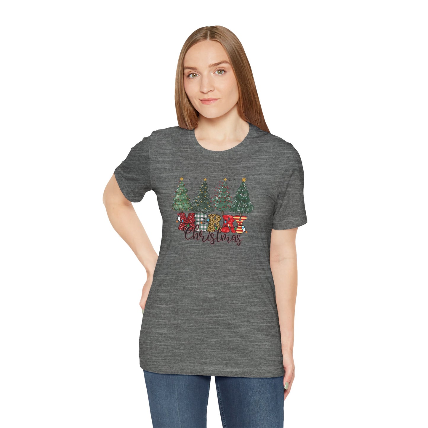 Merry Christmas Unisex Tee, Holiday T-Shirt, Christmas Gift, Festive Apparel, Tree Print Shirt, Seasonal Wear