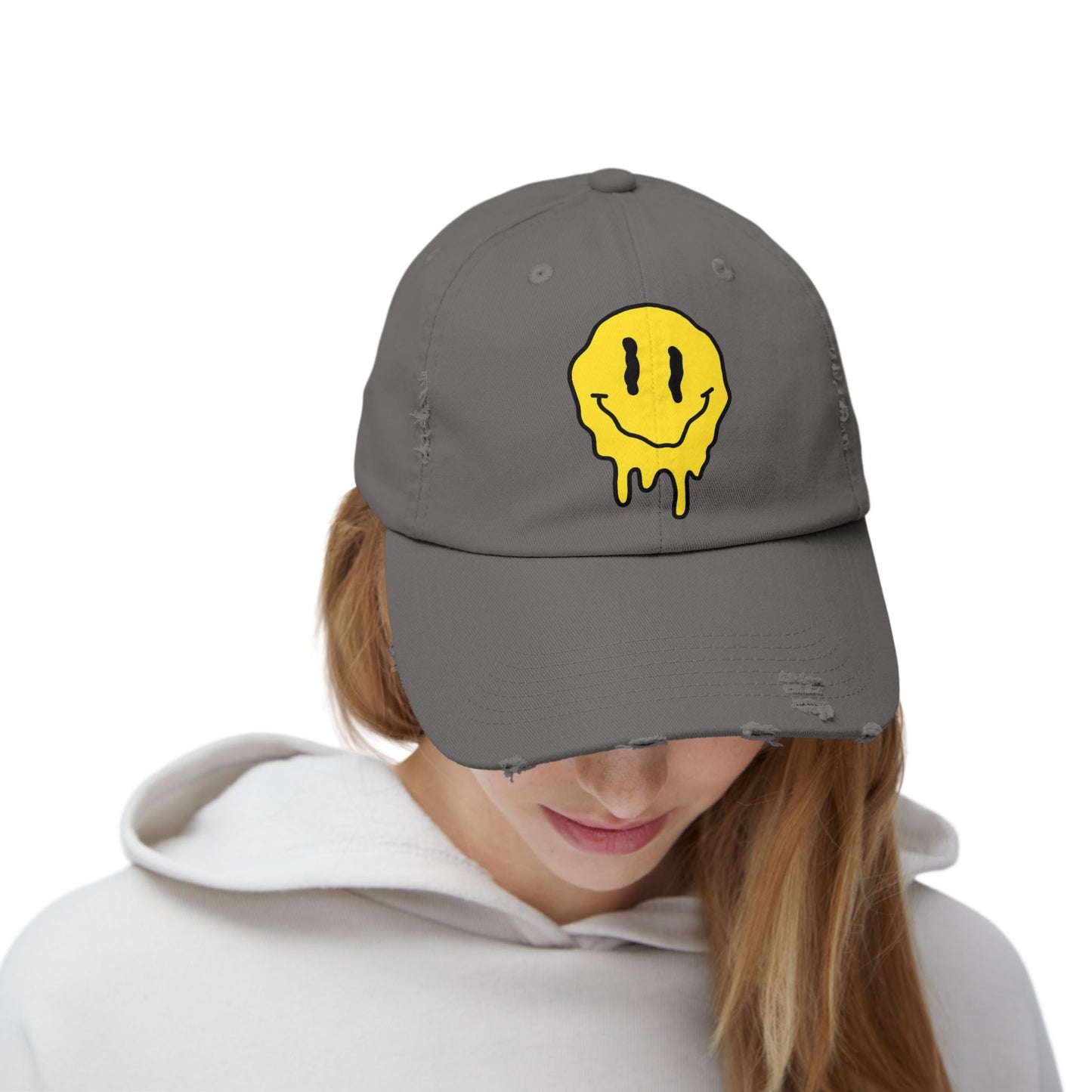 Smiley Face Distressed Cap | Unisex Hat for Casual Wear, Trendy Accessories, Gift Ideas for Friends, Summer Style, Streetwear