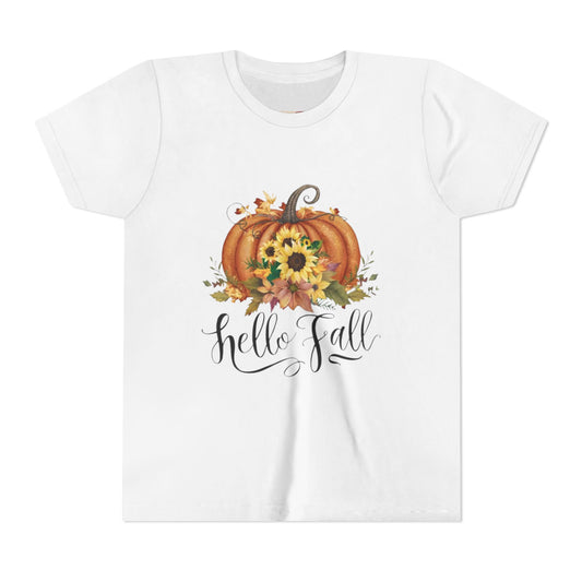 Fall Pumpkin Graphic Youth Tee, Autumn Kids T-Shirt, Hello Fall Shirt, Seasonal Apparel for Kids, Halloween, Thanksgiving Outfit