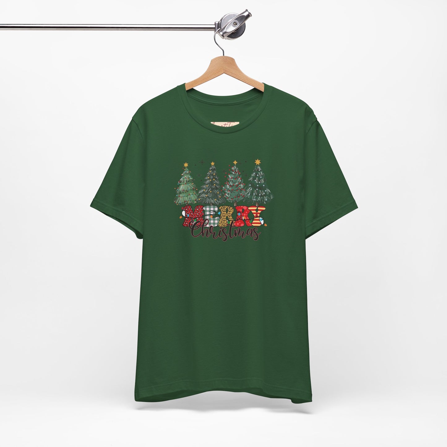 Merry Christmas Unisex Tee, Holiday T-Shirt, Christmas Gift, Festive Apparel, Tree Print Shirt, Seasonal Wear