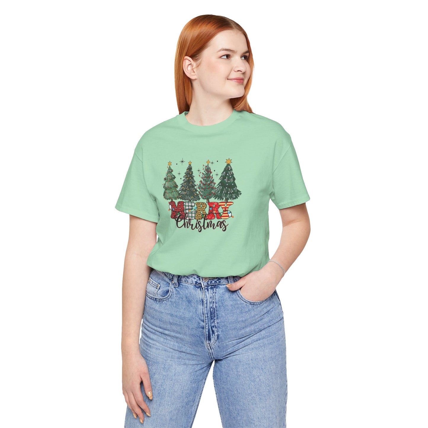 Merry Christmas Unisex Tee, Holiday T-Shirt, Christmas Gift, Festive Apparel, Tree Print Shirt, Seasonal Wear