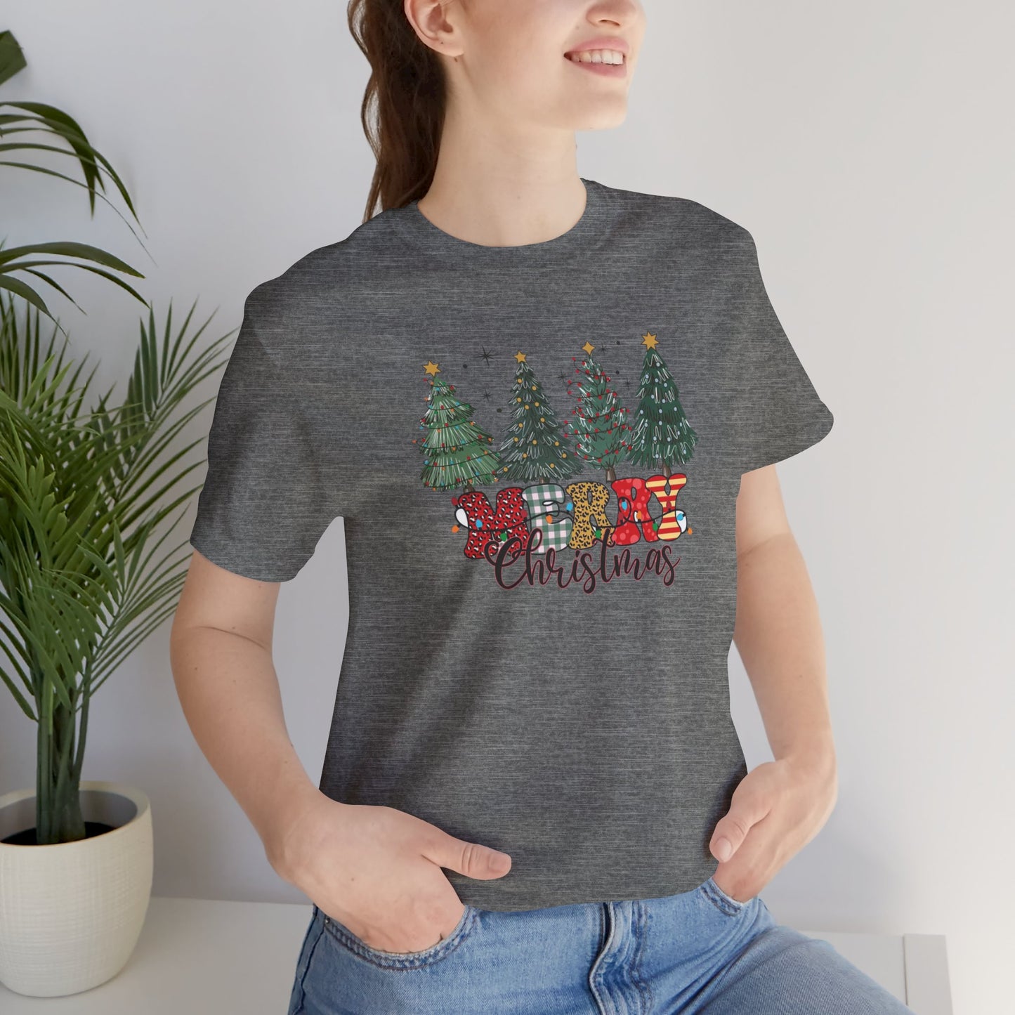 Merry Christmas Unisex Tee, Holiday T-Shirt, Christmas Gift, Festive Apparel, Tree Print Shirt, Seasonal Wear