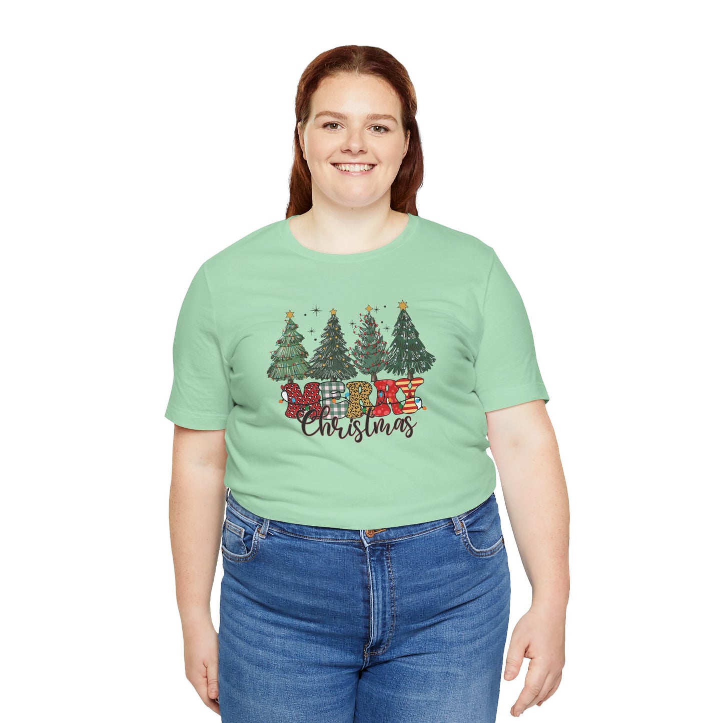 Merry Christmas Unisex Tee, Holiday T-Shirt, Christmas Gift, Festive Apparel, Tree Print Shirt, Seasonal Wear