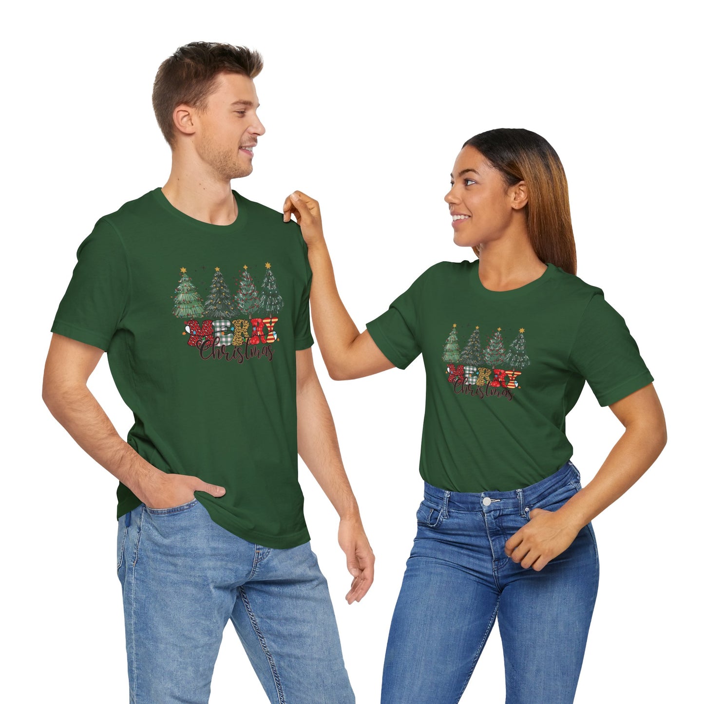 Merry Christmas Unisex Tee, Holiday T-Shirt, Christmas Gift, Festive Apparel, Tree Print Shirt, Seasonal Wear