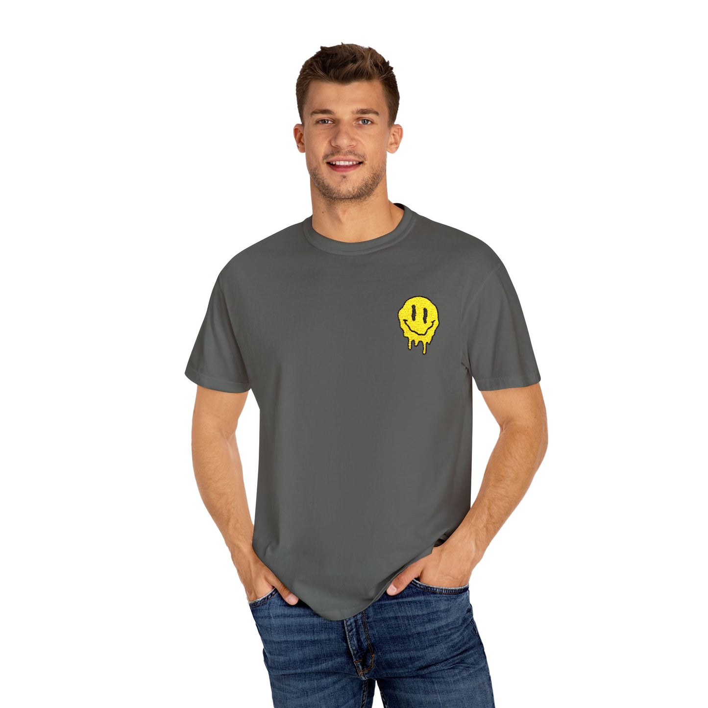 Smiley Face Unisex Garment-Dyed T-Shirt, Casual Tee, Summer Fashion, Gift for Friends, Unique Everyday Wear, Positive Vibe Apparel