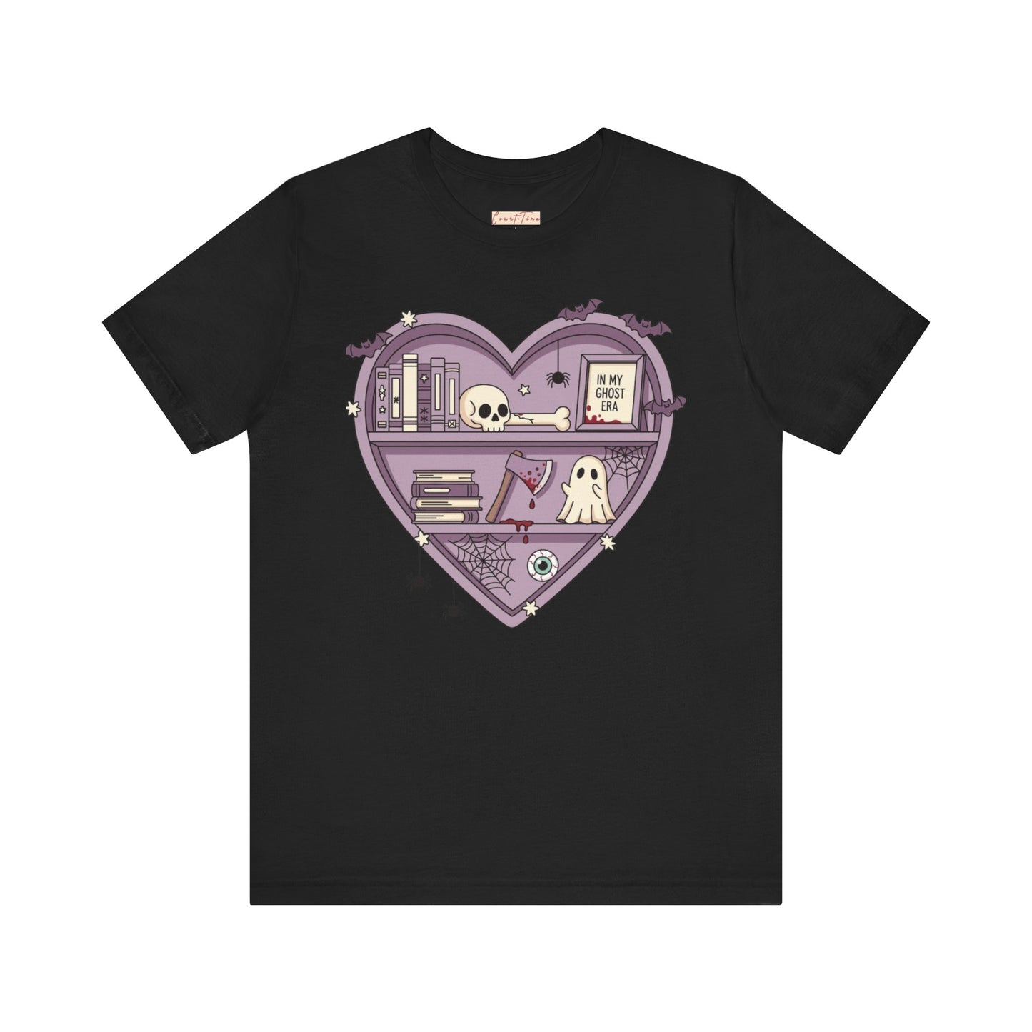Heart-Shaped Ghostly Shelf Tee, Unisex Tee, Halloween Shirt, Fun Graphic Tee, Quirky Gift, Book Lover Apparel
