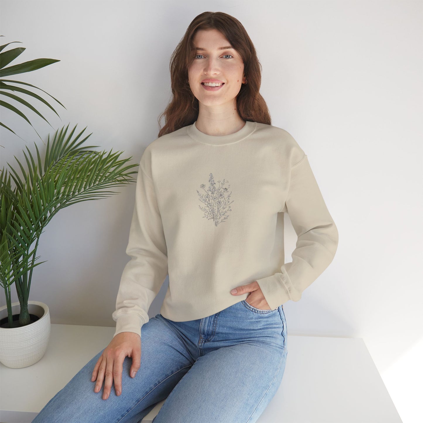 Botanical Minimalist Crewneck Sweatshirt, Cozy Sweatshirt, Casual Pullover, Gifts for Her, Spring Fashion, Eco-Friendly Apparel
