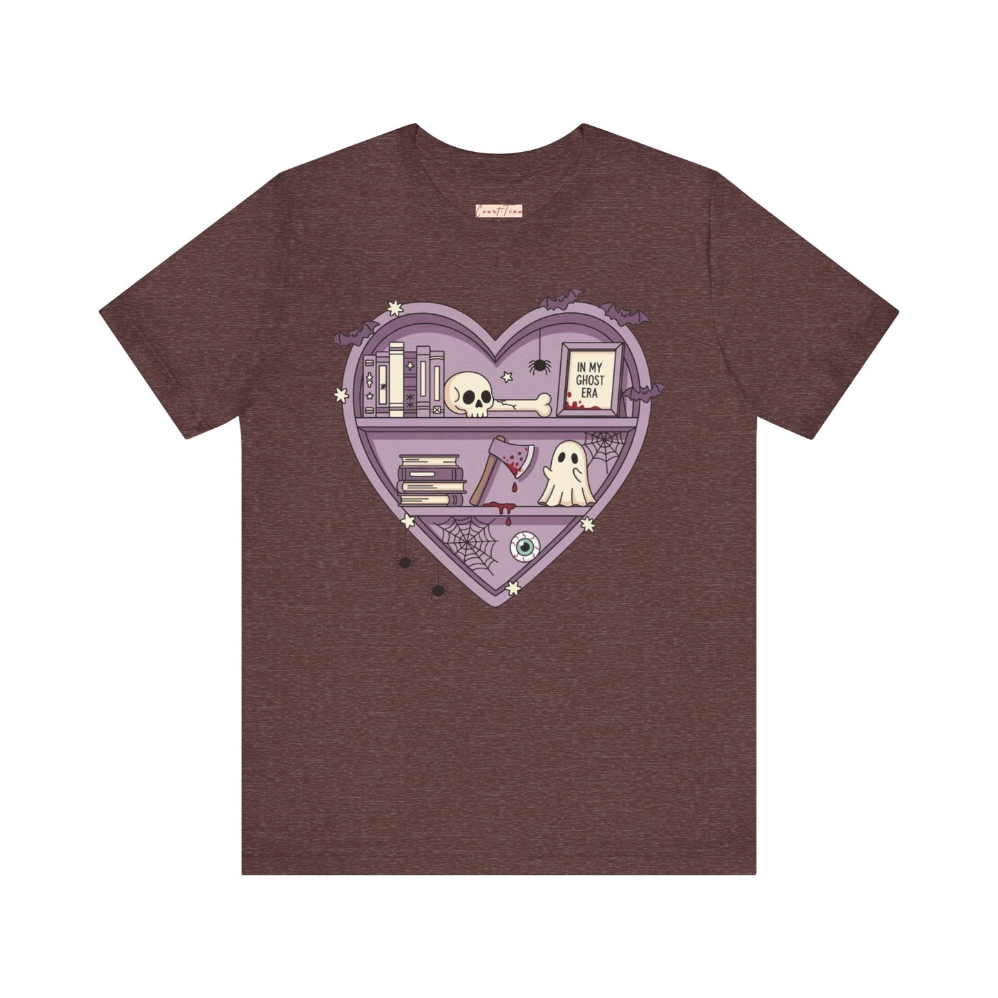 Heart-Shaped Ghostly Shelf Tee, Unisex Tee, Halloween Shirt, Fun Graphic Tee, Quirky Gift, Book Lover Apparel