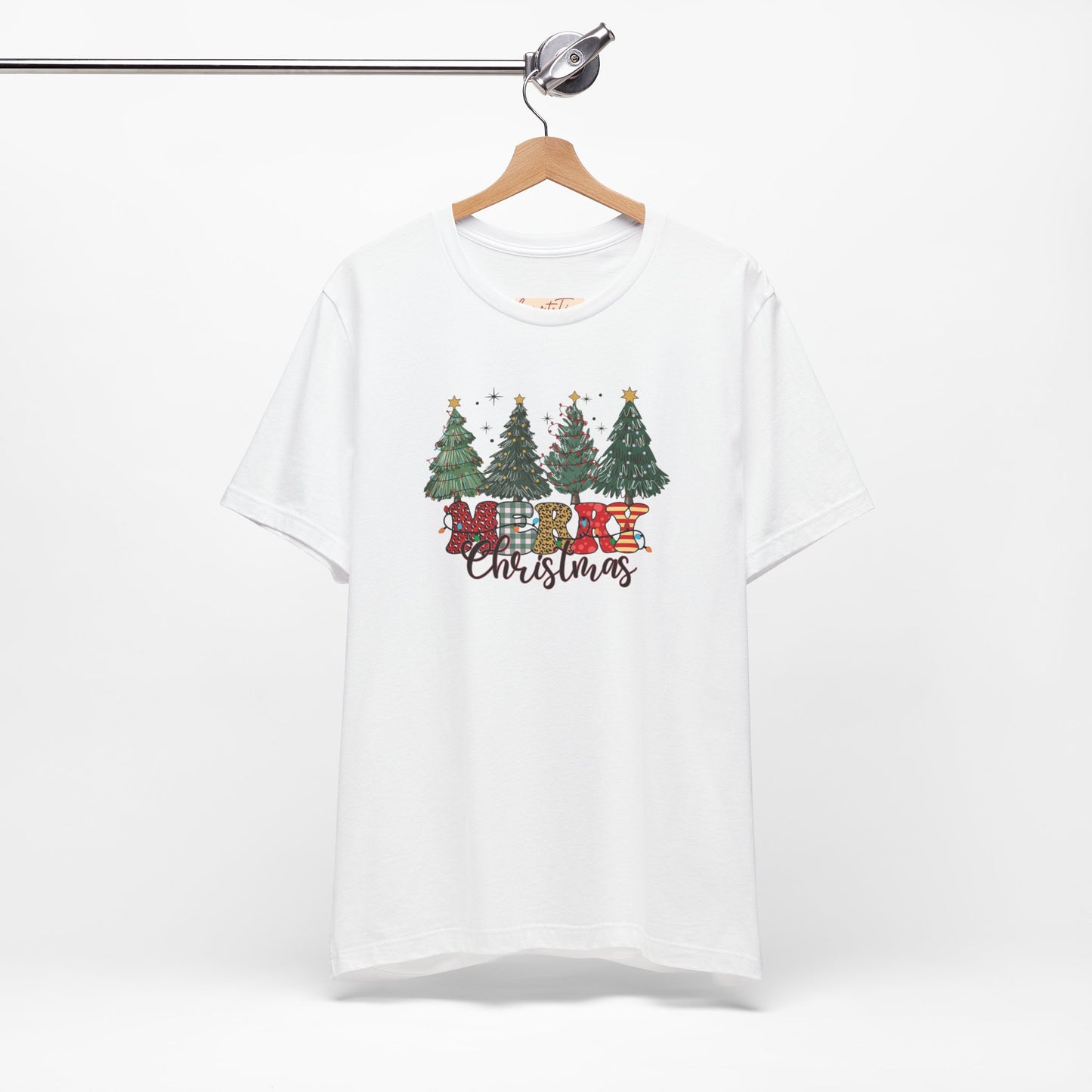 Merry Christmas Unisex Tee, Holiday T-Shirt, Christmas Gift, Festive Apparel, Tree Print Shirt, Seasonal Wear