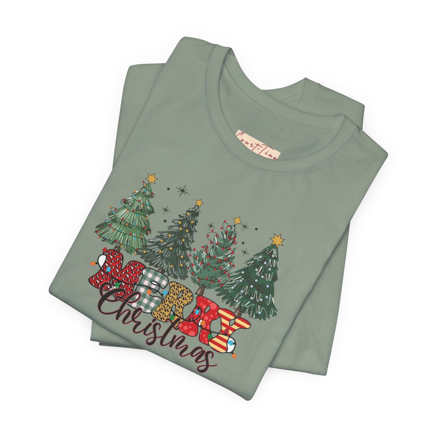 Merry Christmas Unisex Tee, Holiday T-Shirt, Christmas Gift, Festive Apparel, Tree Print Shirt, Seasonal Wear