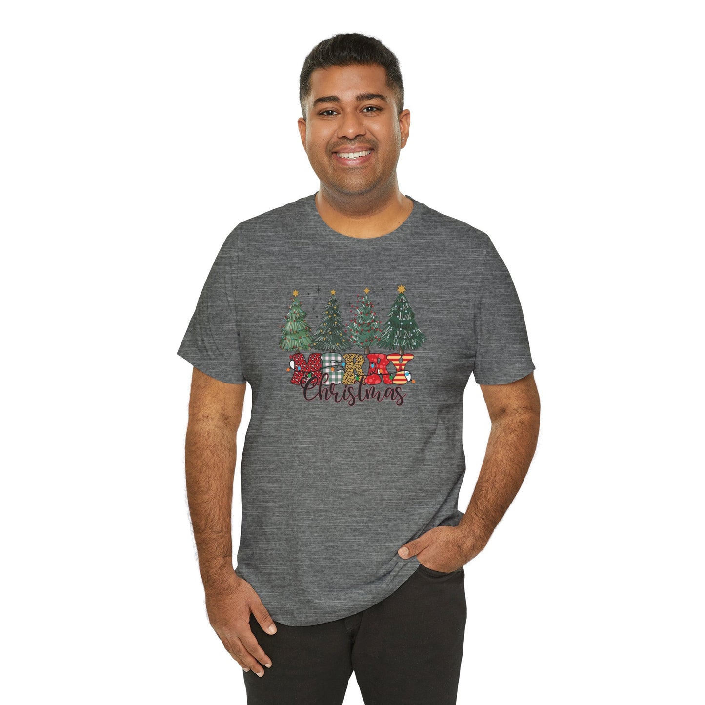 Merry Christmas Unisex Tee, Holiday T-Shirt, Christmas Gift, Festive Apparel, Tree Print Shirt, Seasonal Wear