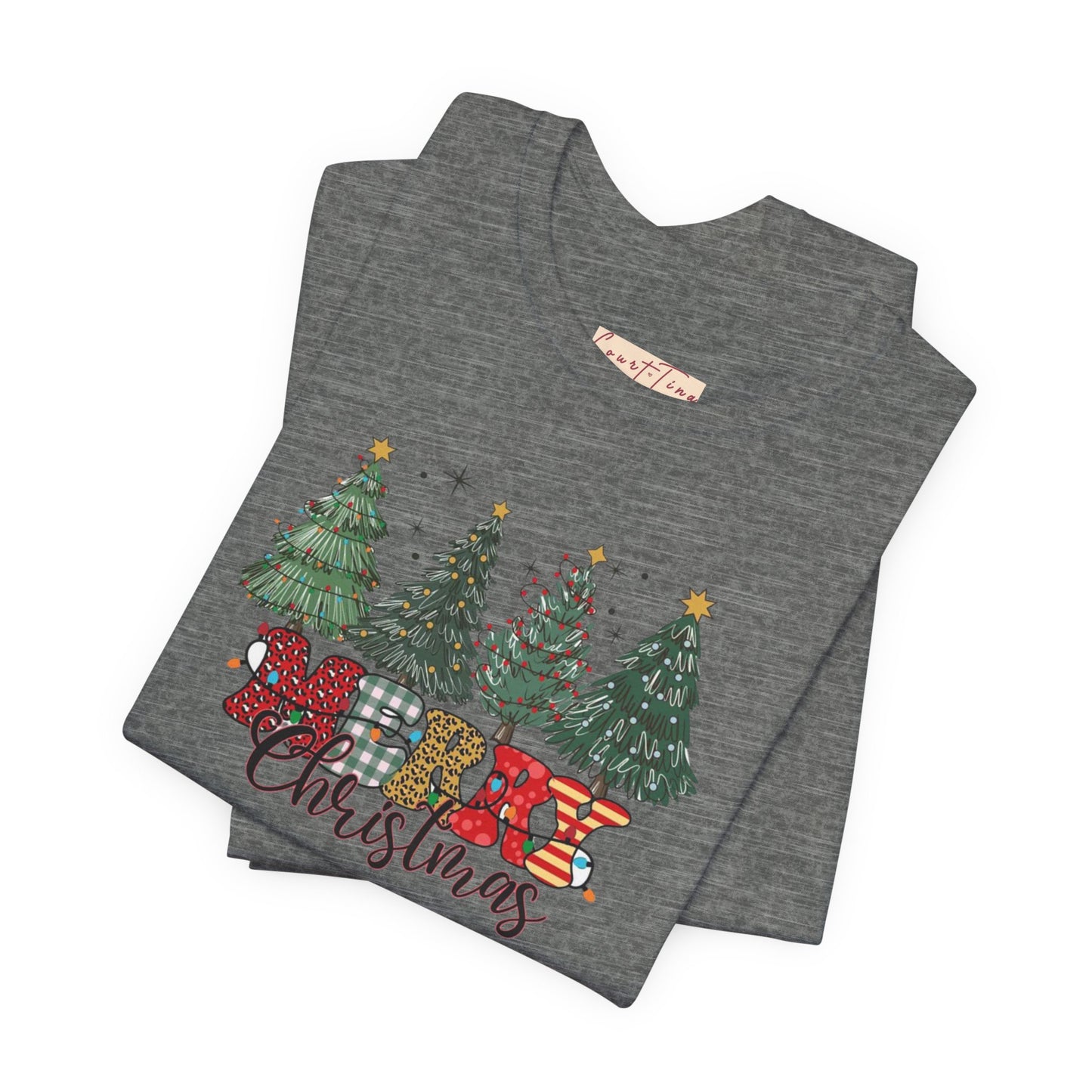 Merry Christmas Unisex Tee, Holiday T-Shirt, Christmas Gift, Festive Apparel, Tree Print Shirt, Seasonal Wear