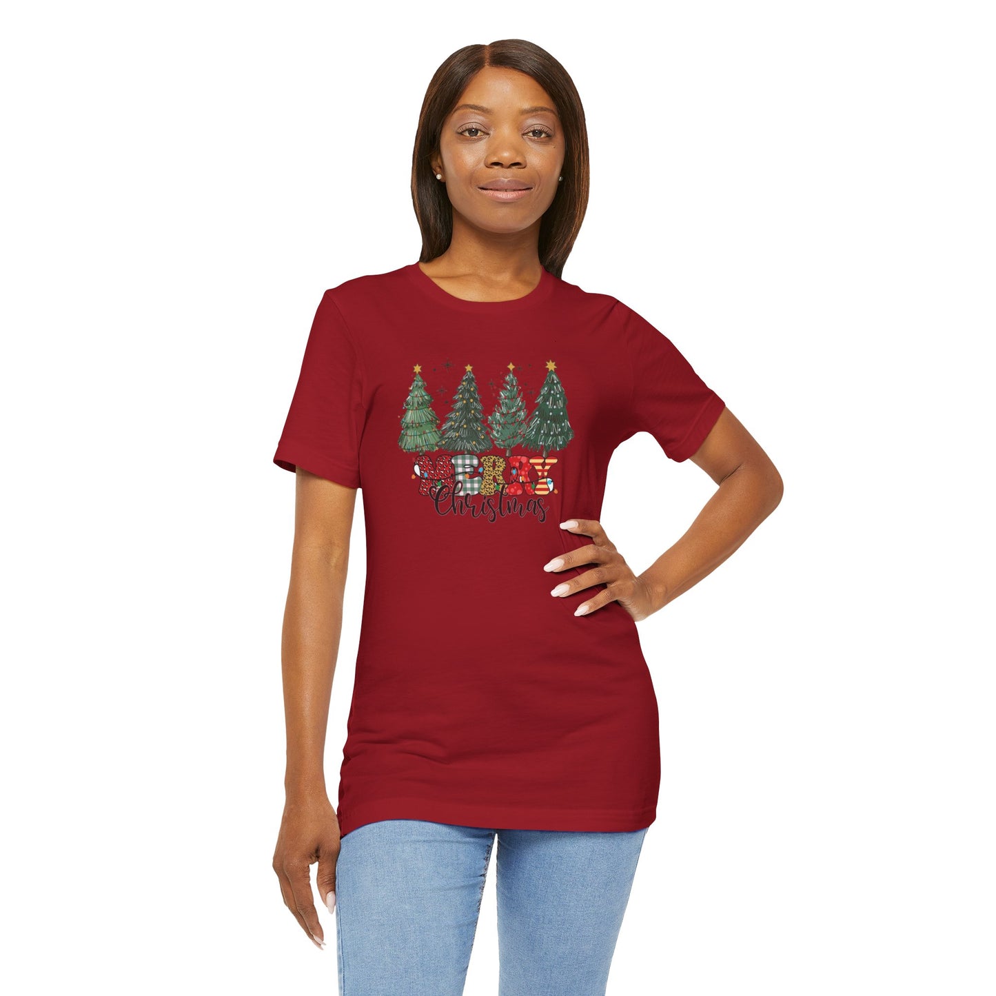 Merry Christmas Unisex Tee, Holiday T-Shirt, Christmas Gift, Festive Apparel, Tree Print Shirt, Seasonal Wear