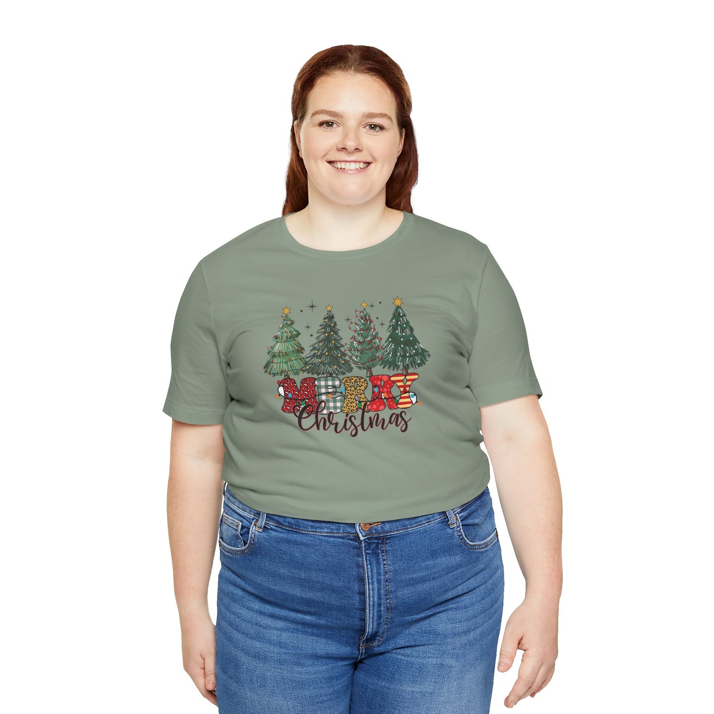 Merry Christmas Unisex Tee, Holiday T-Shirt, Christmas Gift, Festive Apparel, Tree Print Shirt, Seasonal Wear