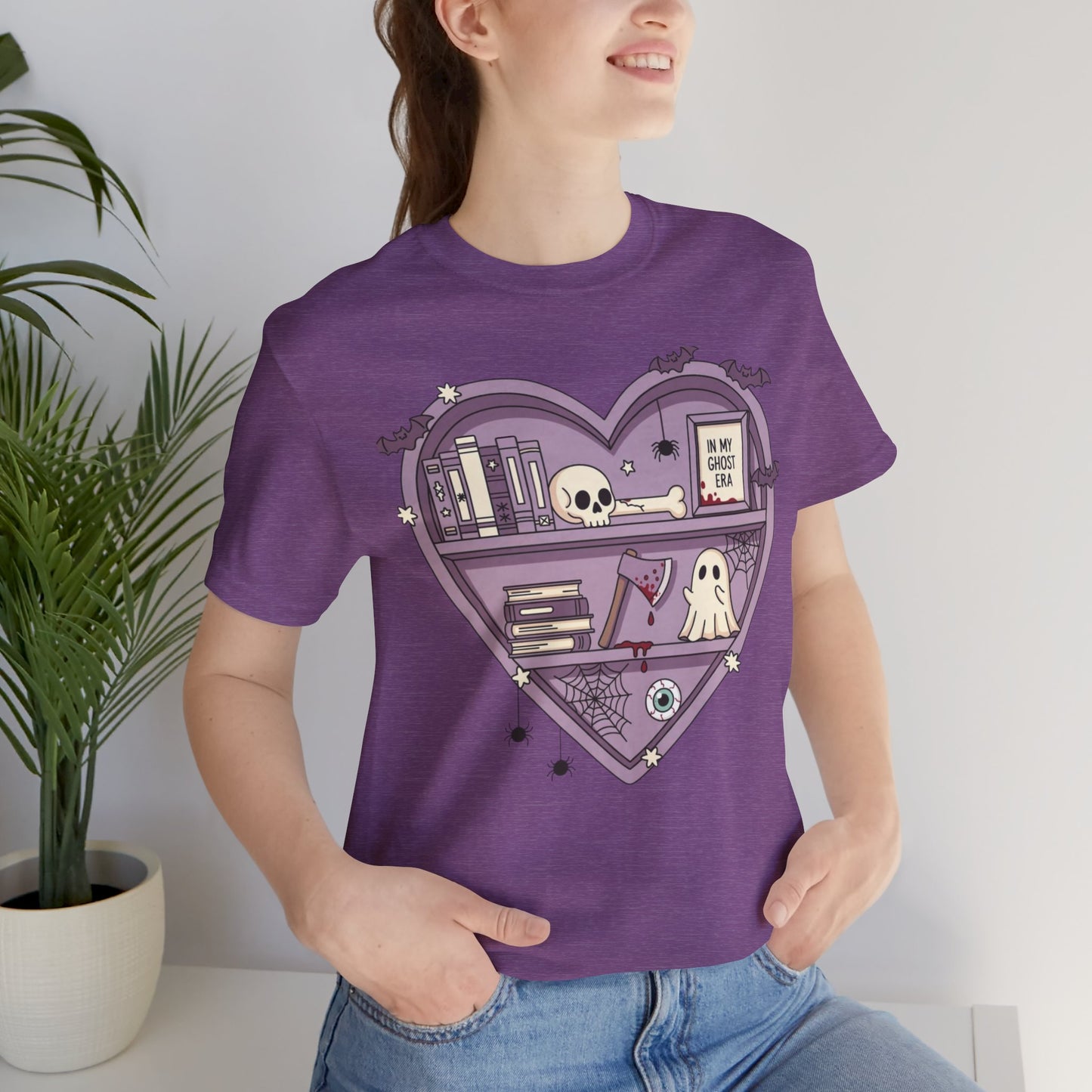 Heart-Shaped Ghostly Shelf Tee, Unisex Tee, Halloween Shirt, Fun Graphic Tee, Quirky Gift, Book Lover Apparel