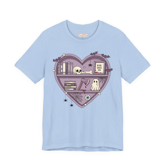 Heart-Shaped Ghostly Shelf Tee, Unisex Tee, Halloween Shirt, Fun Graphic Tee, Quirky Gift, Book Lover Apparel