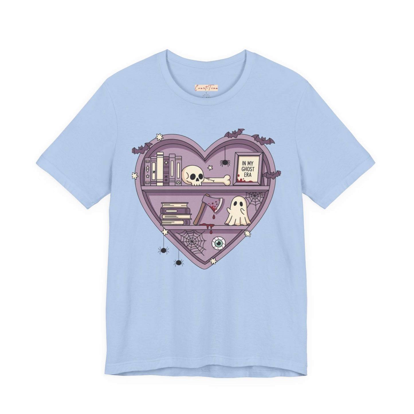 Heart-Shaped Ghostly Shelf Tee, Unisex Tee, Halloween Shirt, Fun Graphic Tee, Quirky Gift, Book Lover Apparel