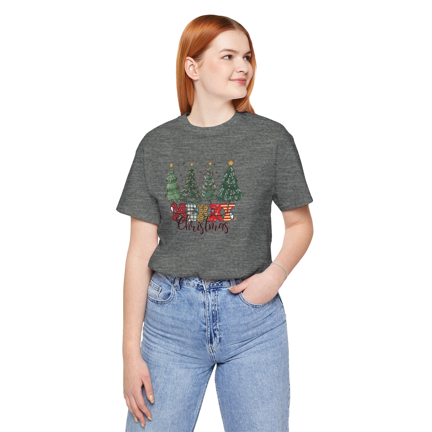 Merry Christmas Unisex Tee, Holiday T-Shirt, Christmas Gift, Festive Apparel, Tree Print Shirt, Seasonal Wear