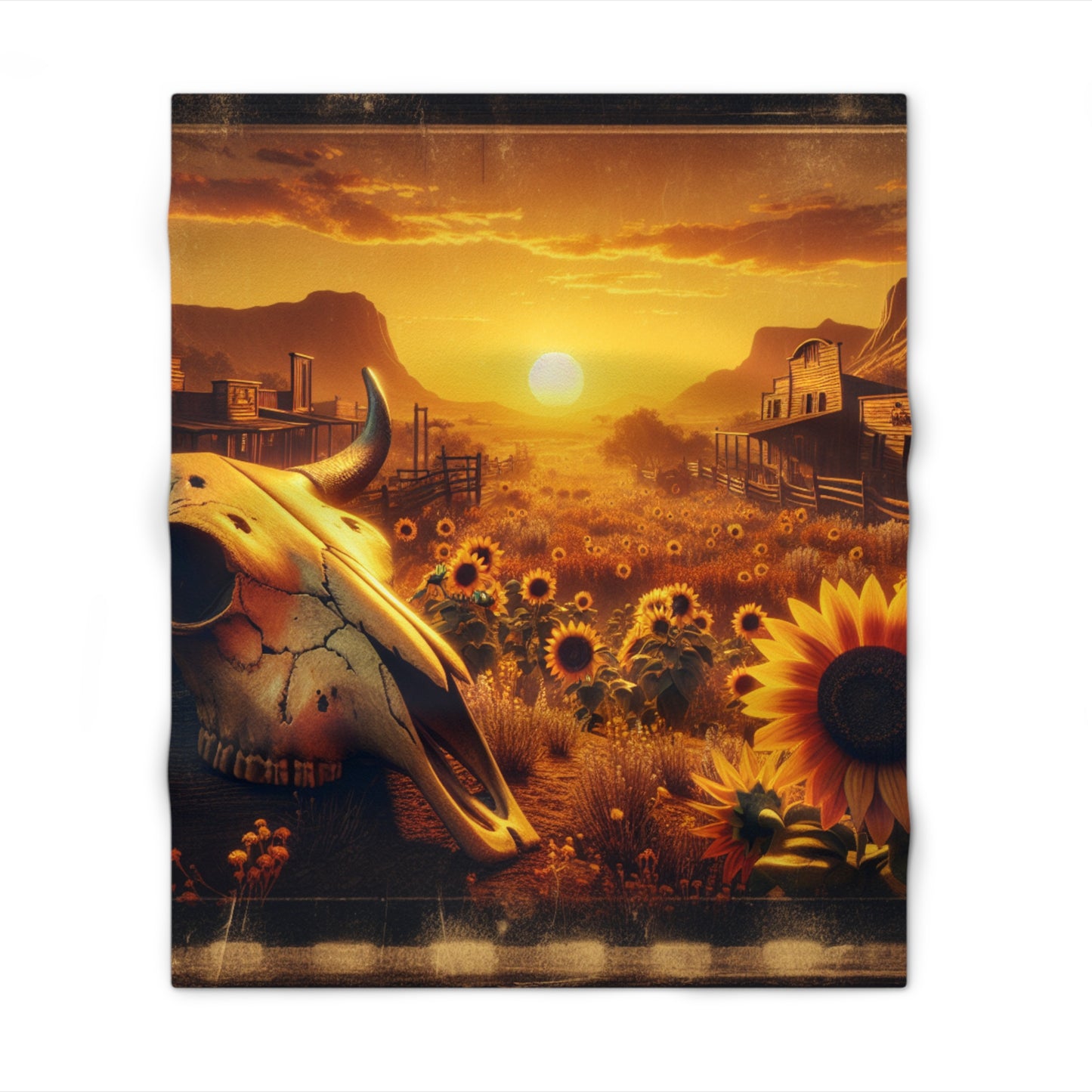Western Sunset Throw Blanket, Cozy Home Decor, Nature Lover Gift, Cow Skull Design, Rustic Blanket for Hydroponics, Farmhouse Style