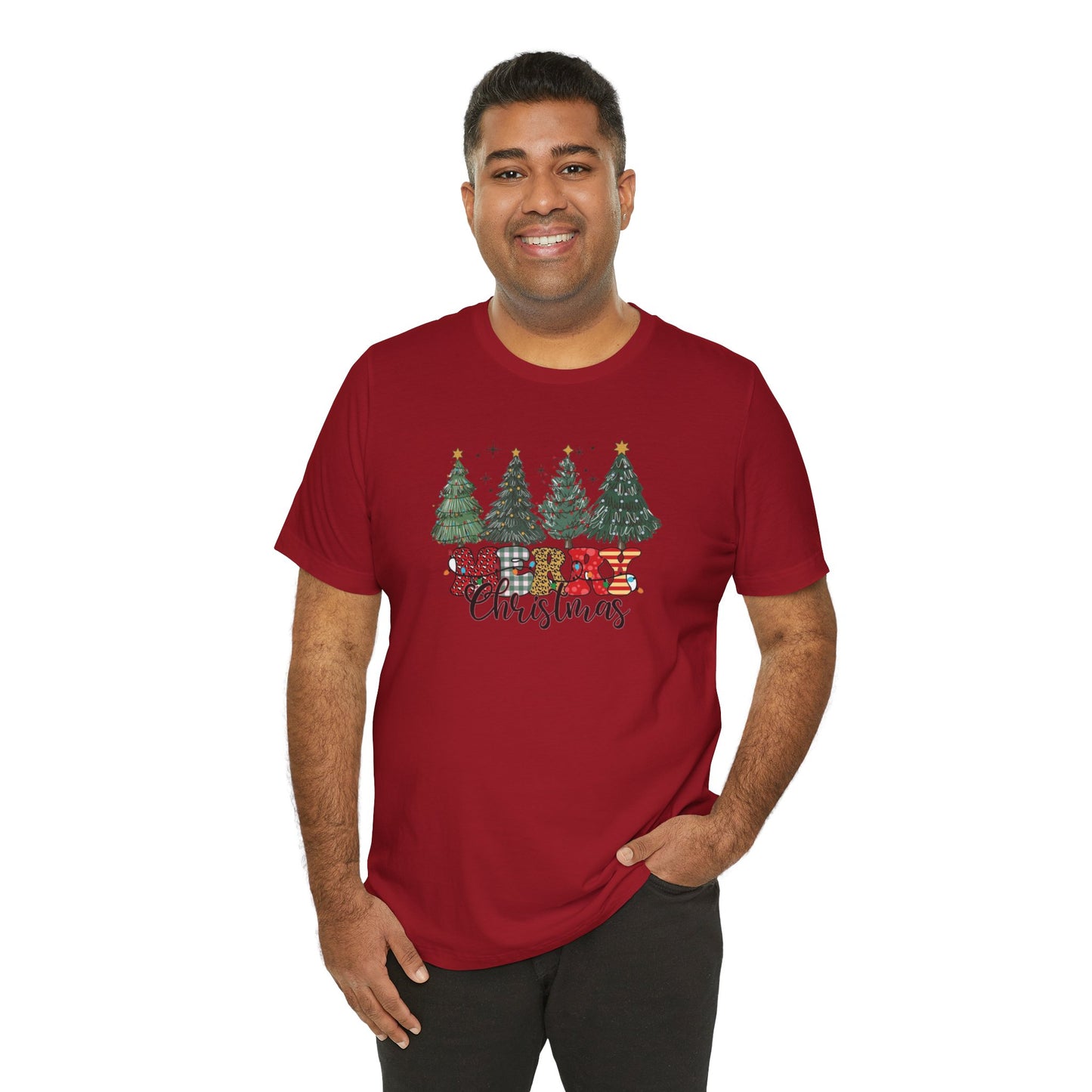 Merry Christmas Unisex Tee, Holiday T-Shirt, Christmas Gift, Festive Apparel, Tree Print Shirt, Seasonal Wear