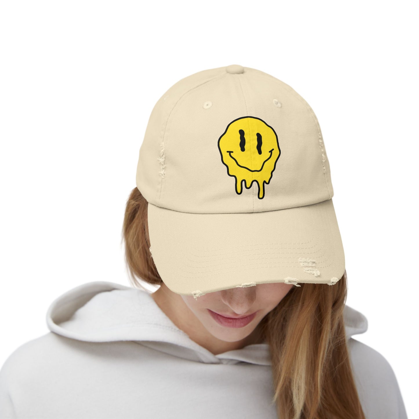 Smiley Face Distressed Cap | Unisex Hat for Casual Wear, Trendy Accessories, Gift Ideas for Friends, Summer Style, Streetwear
