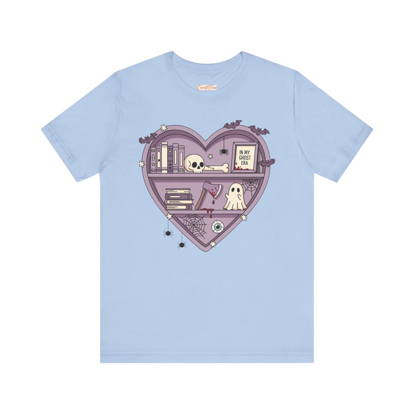 Heart-Shaped Ghostly Shelf Tee, Unisex Tee, Halloween Shirt, Fun Graphic Tee, Quirky Gift, Book Lover Apparel