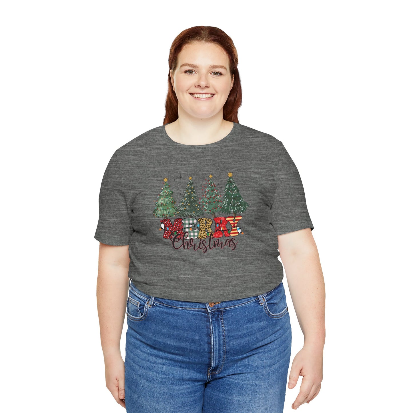 Merry Christmas Unisex Tee, Holiday T-Shirt, Christmas Gift, Festive Apparel, Tree Print Shirt, Seasonal Wear