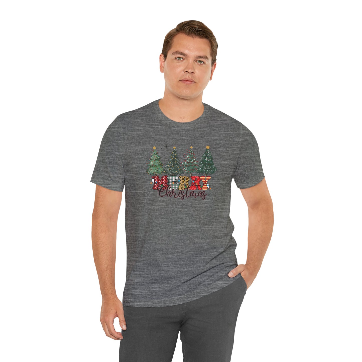 Merry Christmas Unisex Tee, Holiday T-Shirt, Christmas Gift, Festive Apparel, Tree Print Shirt, Seasonal Wear